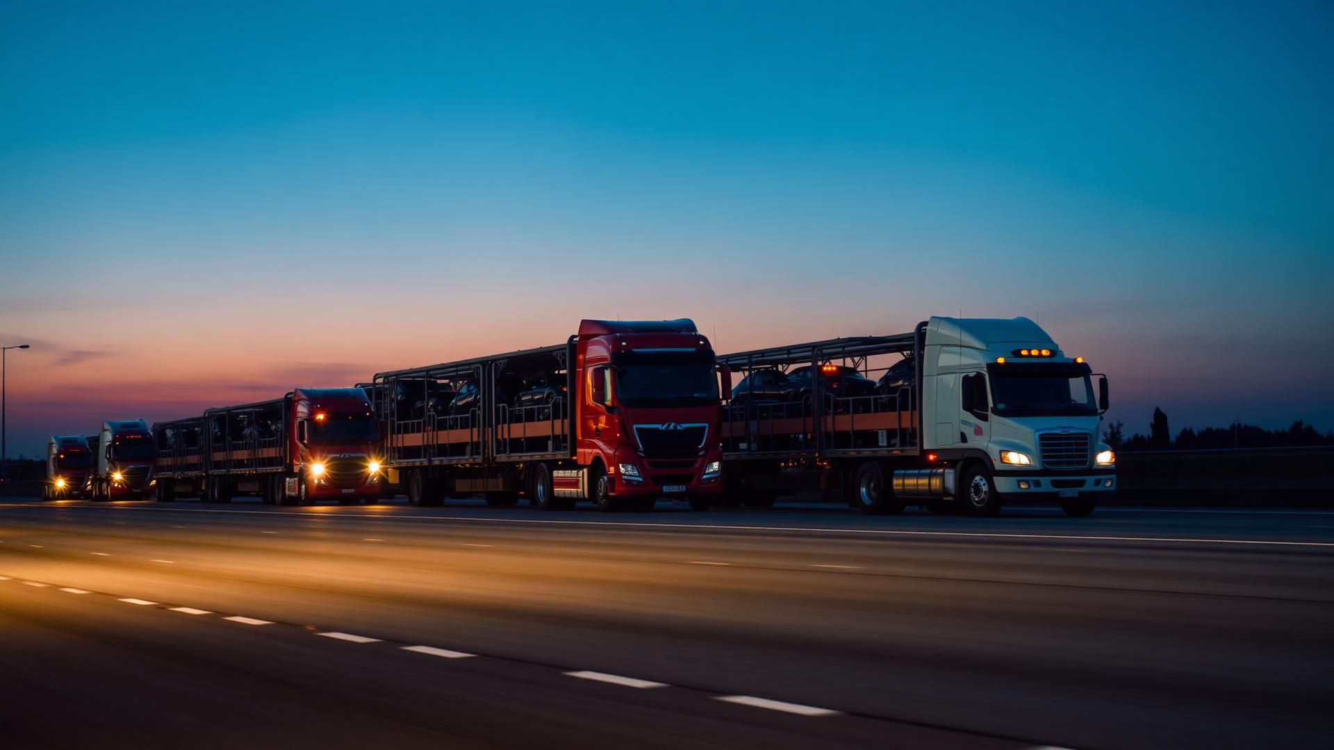 Convoi de camions porte-voitures sur autoroute au crépuscule
